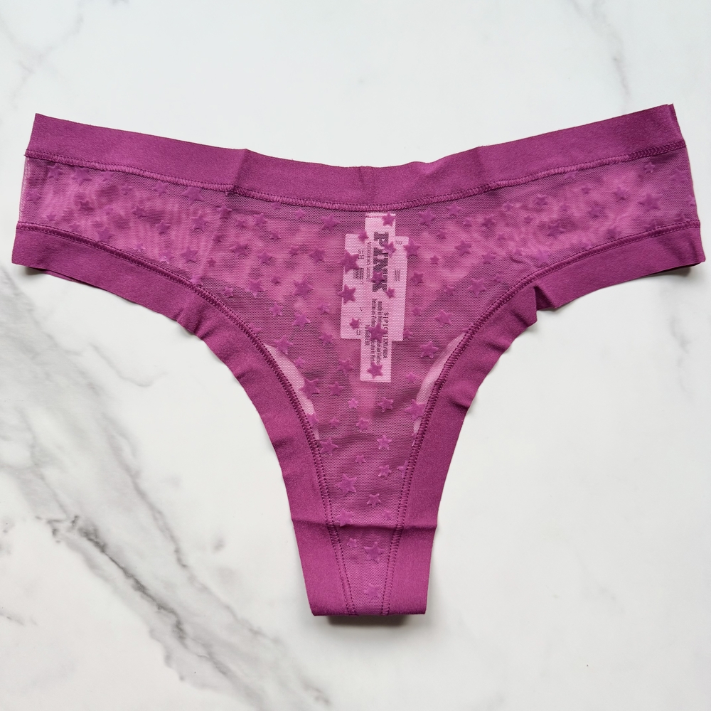 NWT PINK VICTORIA'S SECRET NO-SHOW STAR MESH THONG PANTY IN THRILLER SIZE S/M/L